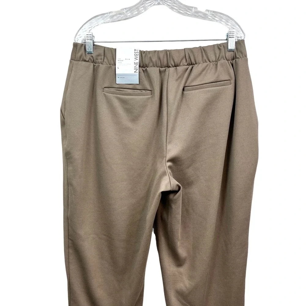 Nine West Womens Crop Pants Relaxed Straight Elastic Waist Flat Pull Up Tan L*